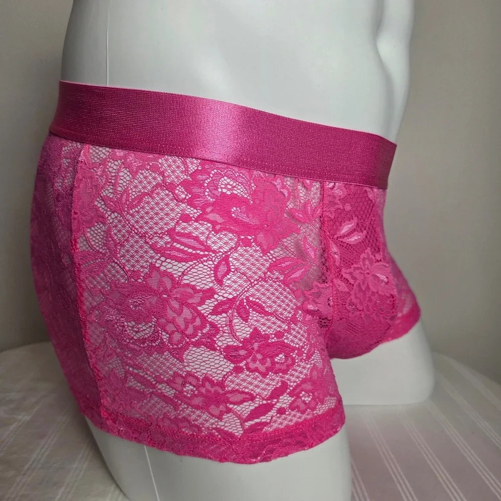 Cosabella Never Say Never Mens Pink Lace Boxer Briefs Sheer Floral Trunks NEW‎
